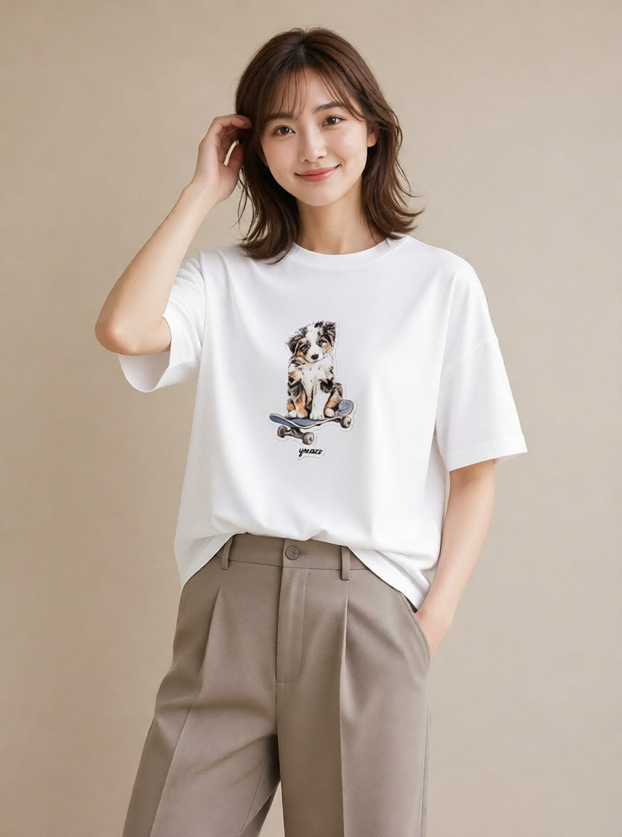 プリントTシャツ レディース ボーダーコリー 犬 いぬ イラスト ヴィンテージ風 公園 ママ 白T YMAZO