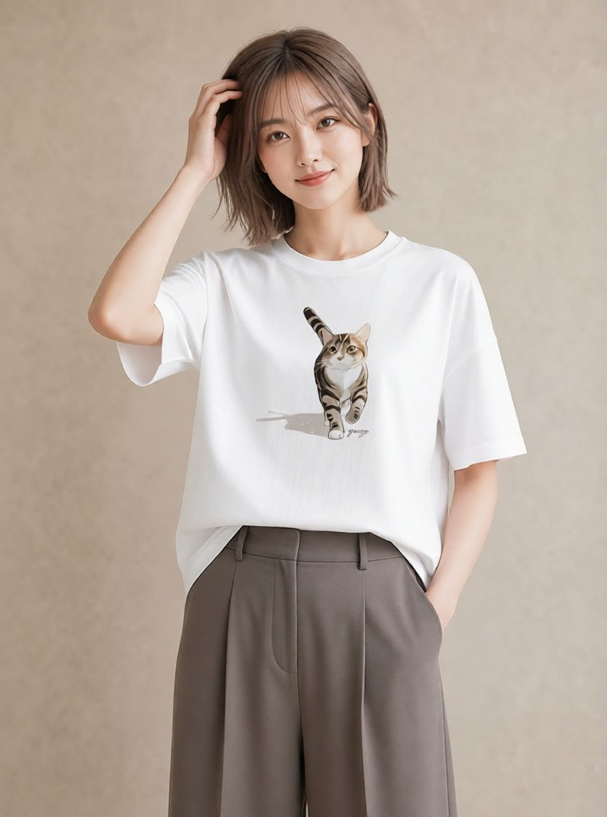 グラフィックTシャツ レディース サバトラ 猫 ねこ イラスト 普段使い クリスマス 旅行 白T YMAZO