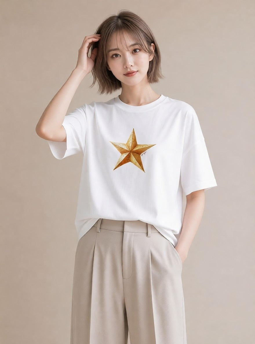 デザインTシャツ レディース スター 星空 宇宙 イラスト 水彩風 デイリーウェア 休日 白T YMAZO
