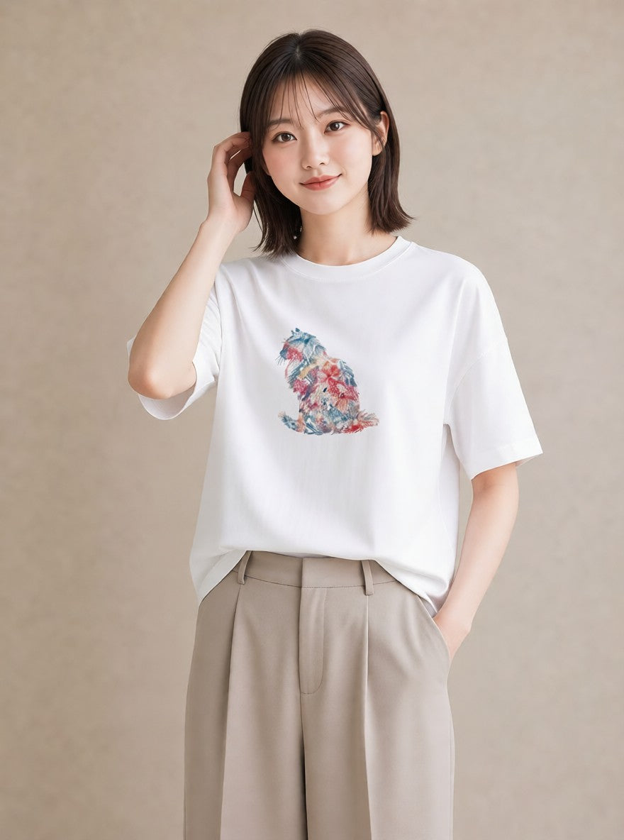 グラフィックTシャツ レディース おすわり猫 猫 ねこ イラスト ミニマル 公園 ママ 白T YMAZO