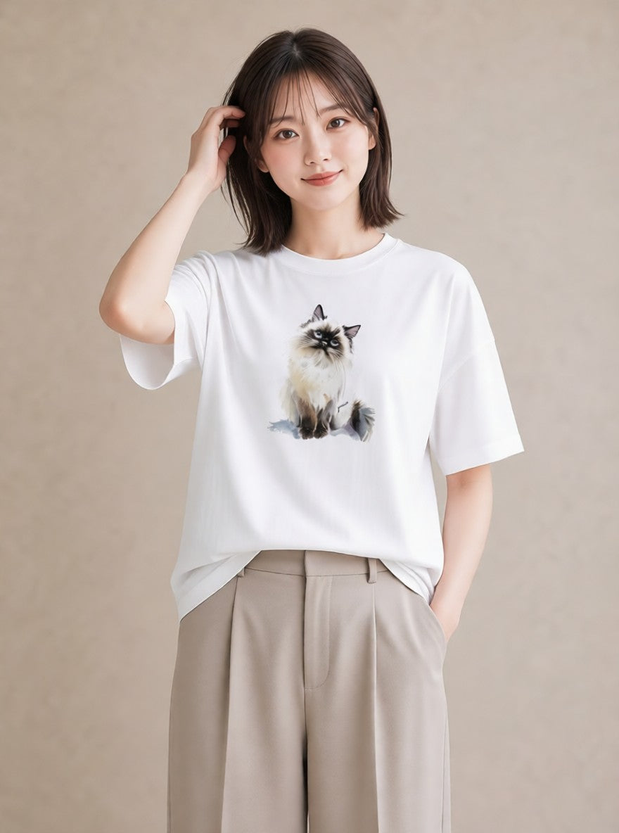 デザインTシャツ レディース 猫 ねこ イラスト ユニーク 母の日 ビーチ 白T YMAZO