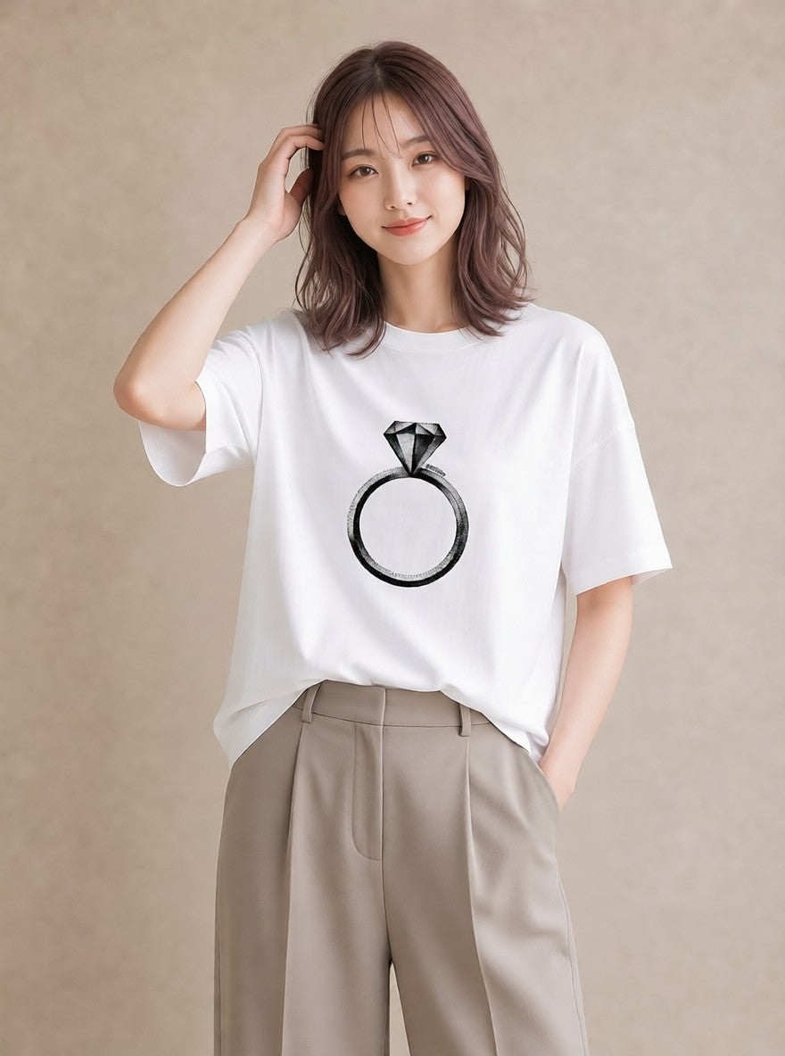 半袖Tシャツ レディース パールピアス アクセサリー ナチュラル アンティーク イラスト ボタニカル ホワイトデー 春服 白T YMAZO
