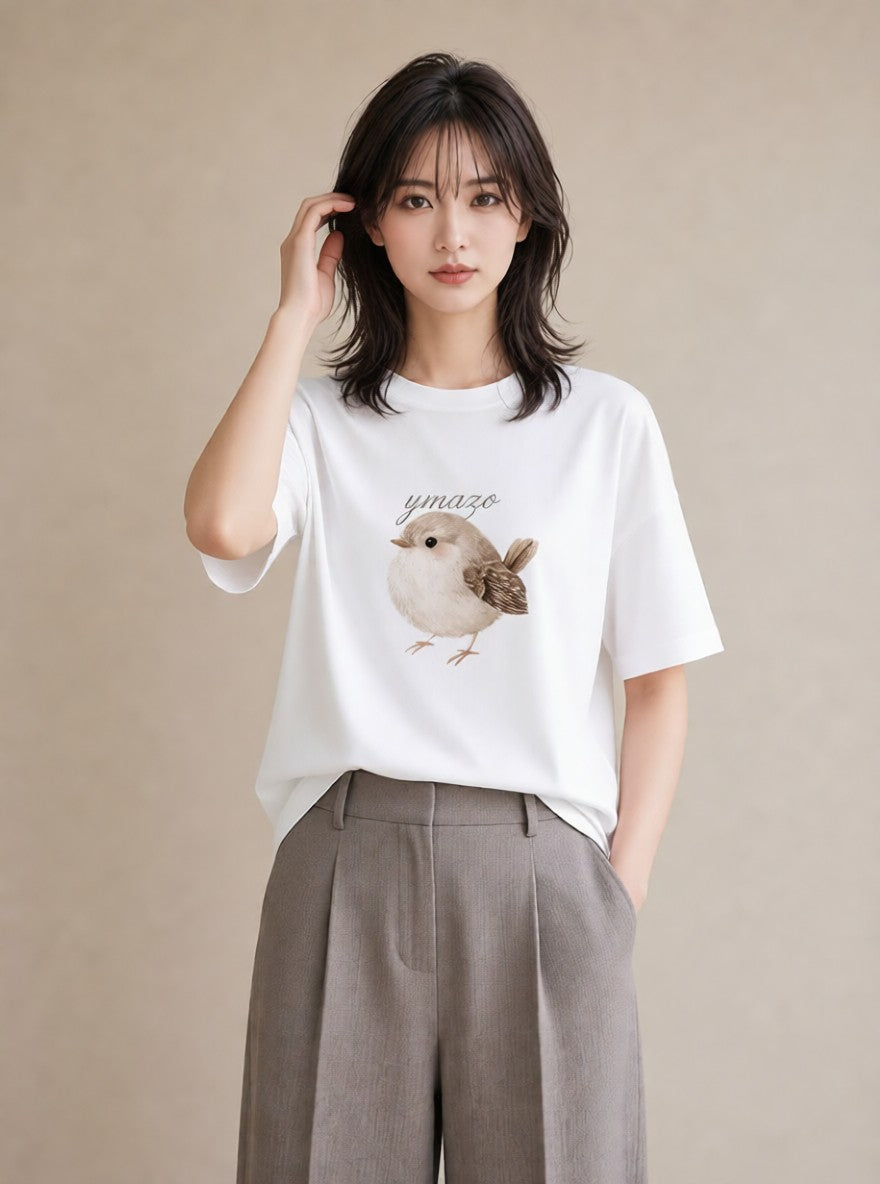 Tシャツ レディース 白文鳥 ペット 動物 イラスト アート風 レイヤード 友達ギフト 白T YMAZO