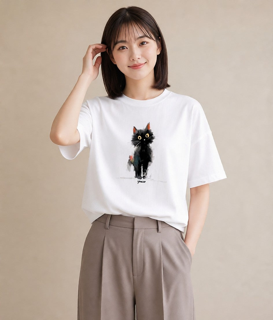 プリントTシャツ レディース ブリティッシュショートヘア 猫 ねこ イラスト ラフカジュアル デイリーウェア 休日 白T YMAZO