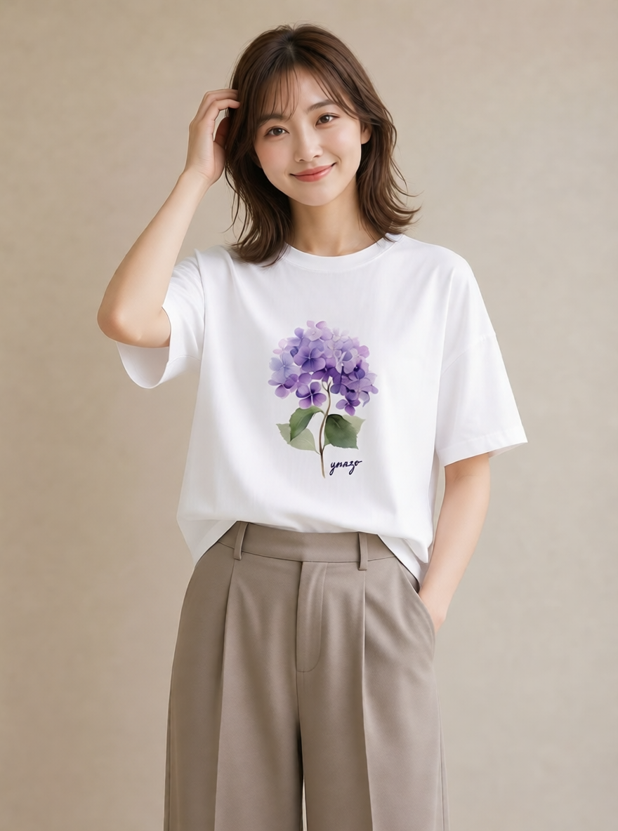 デザインTシャツ レディース あじさい 紫陽花 アジサイ 花 花柄 イラスト 母娘コーデ 自分用 白T YMAZO