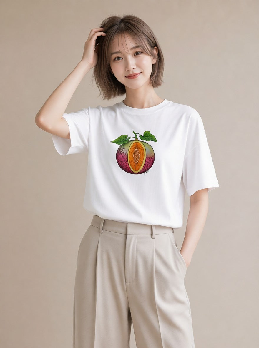 Tシャツ レディース メロン 食べ物 フード イラスト 普段使い 旅行用 海 白T YMAZO