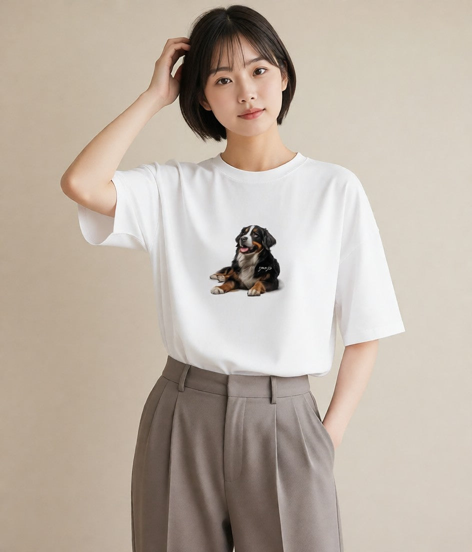 Tシャツ レディース バーニーズマウンテンドッグ 犬 いぬ イラスト ミニマル 春服 ミセス 白T YMAZO