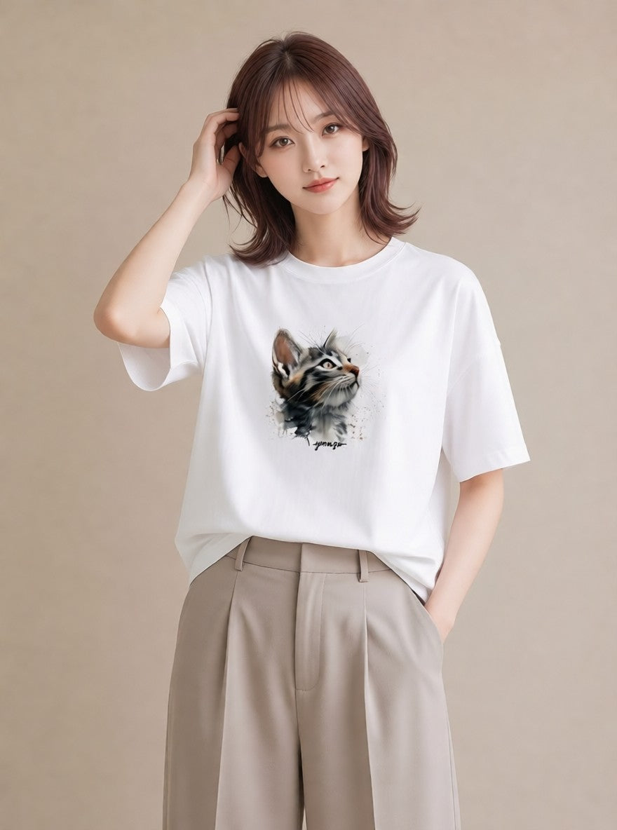 デザインTシャツ レディース 愛猫 猫 ねこ イラスト 韓国風 ミセス 春コーデ 白T YMAZO