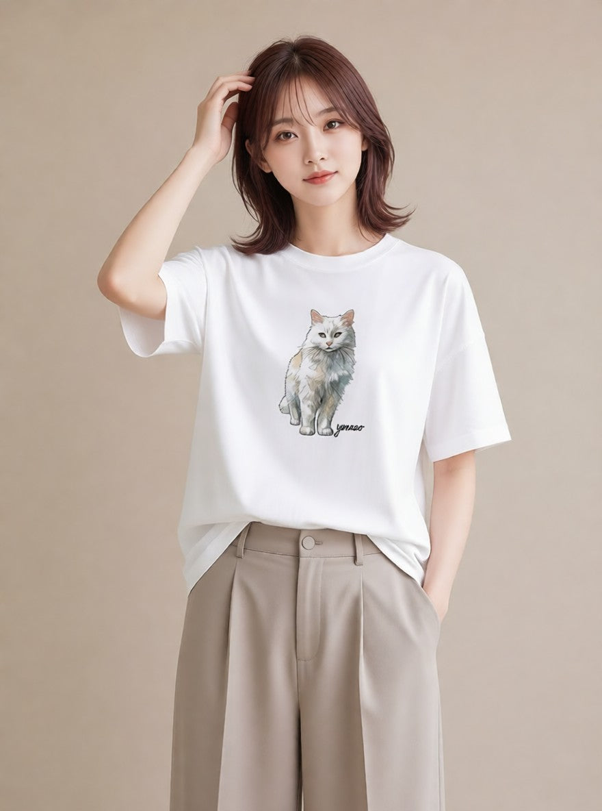 Tシャツ レディース スコティッシュフォールド 猫 ねこ イラスト 敬老の日 ホワイトデー 白T YMAZO