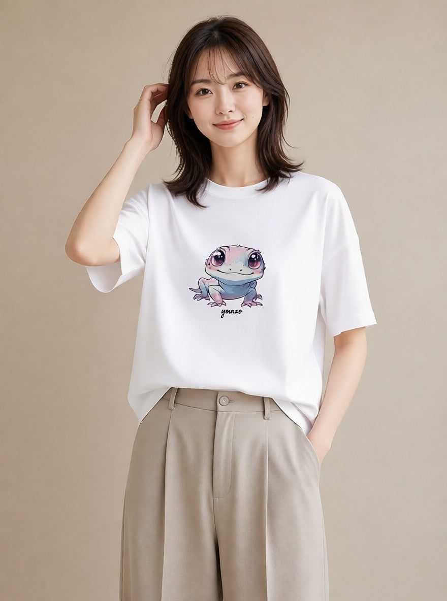 プリントTシャツ レディース レオパ ペット 動物 イラスト 水彩風 帰省 ラフ 白T YMAZO