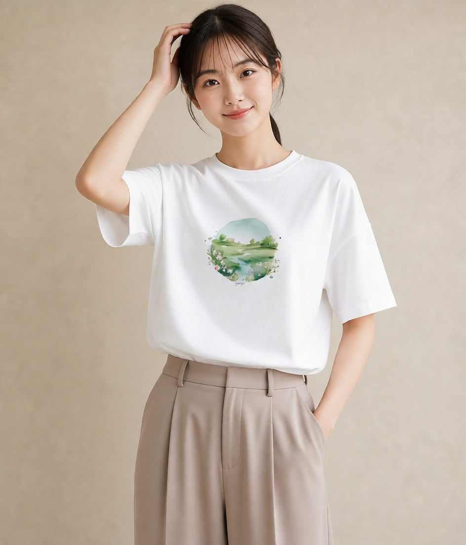 グラフィックTシャツ レディース 小川 橋 せせらぎ ナチュラル アンティーク イラスト アート風 母の日 ビーチ 白T YMAZO