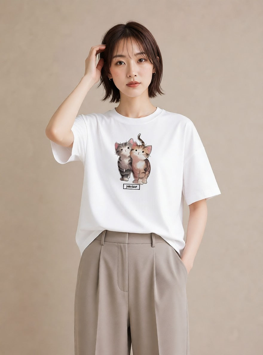デザインTシャツ レディース しっぽ 猫 ねこ イラスト 普段使い デート 帰省 白T YMAZO