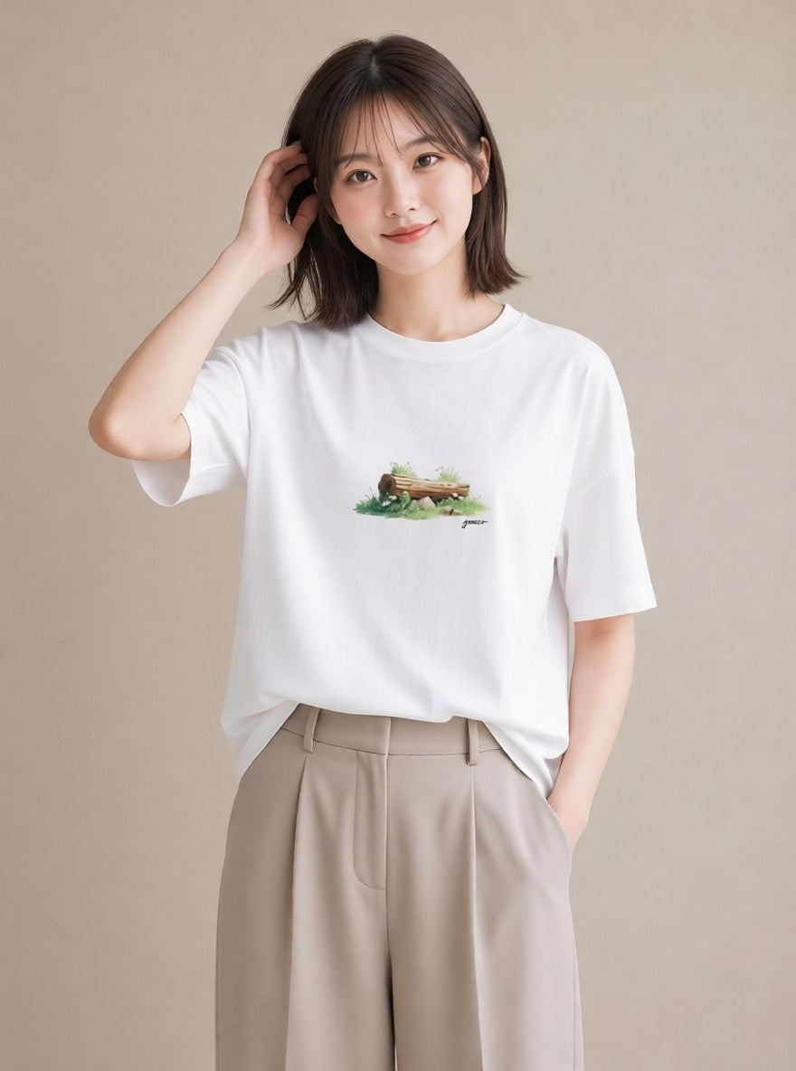 プリントTシャツ レディース 小川 橋 せせらぎ ナチュラル アンティーク イラスト ポップ 通学 誕生日プレゼント 白T YMAZO