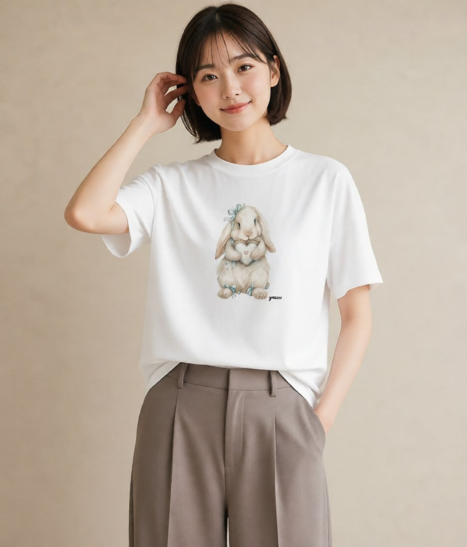 Tシャツ レディース ロップイヤー ペット 動物 イラスト ミニマル 春服 ミセス 白T YMAZO