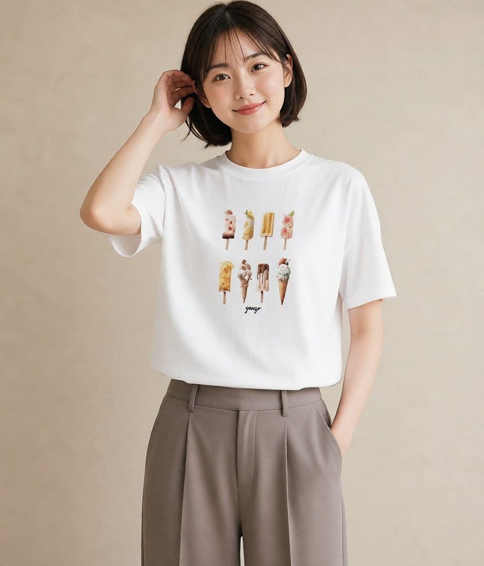 プリントTシャツ レディース ソフトクリーム 食べ物 フード イラスト カフェコーデ 休日 ペアコーデ 白T YMAZO