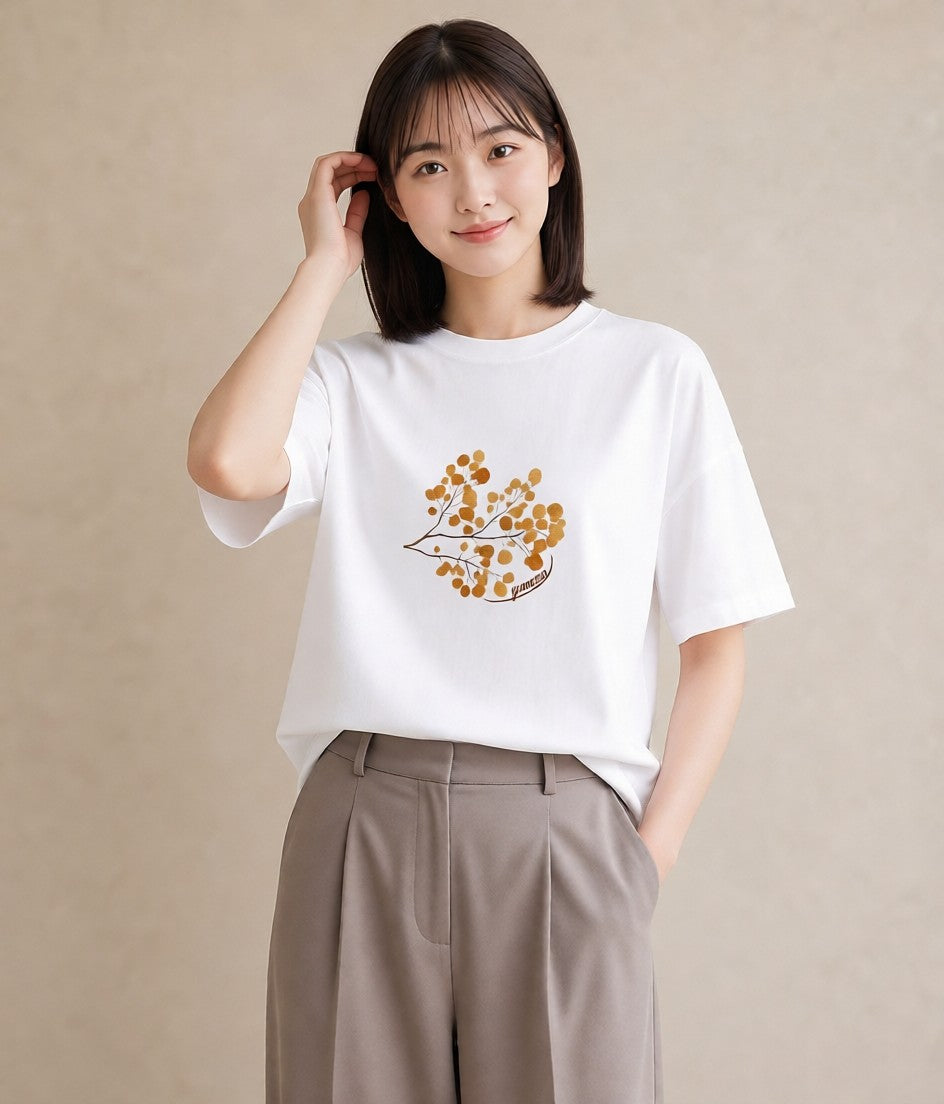 グラフィックTシャツ レディース 落ち葉 植物 ボタニカル イラスト 韓国風 レイヤード 友達ギフト 白T YMAZO