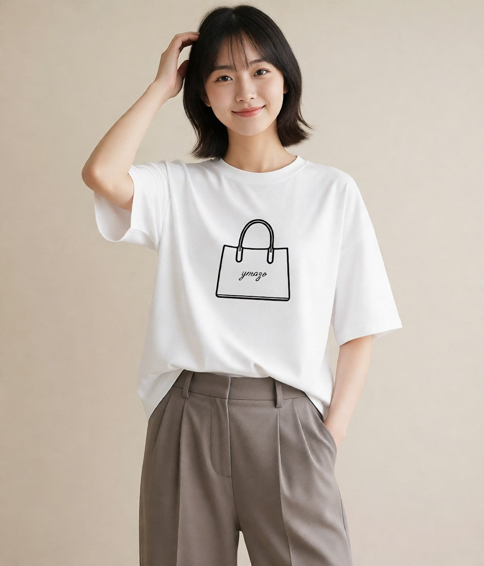 プリントTシャツ レディース パールピアス アクセサリー ナチュラル アンティーク イラスト ヴィンテージ風 ミセス 春コーデ 白T YMAZO