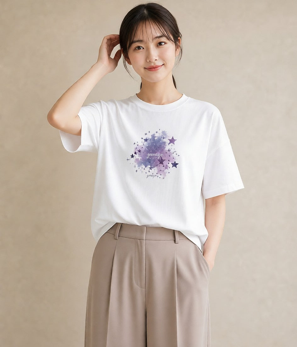 Tシャツ レディース 双子座 星空 宇宙 イラスト ラフ ミセス 春コーデ 白T YMAZO