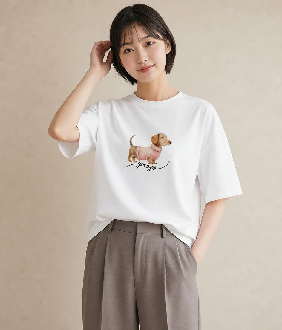 Tシャツ レディース ミニチュアダックスフンド 犬 いぬ イラスト ナチュラル 友達ギフト 部屋着 白T YMAZO