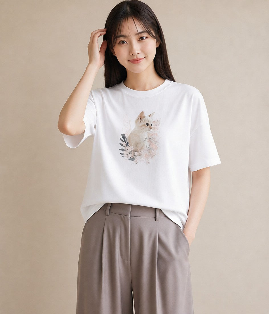 グラフィックTシャツ レディース 子猫 猫 ねこ イラスト レトロ 綿100 デート 白T YMAZO