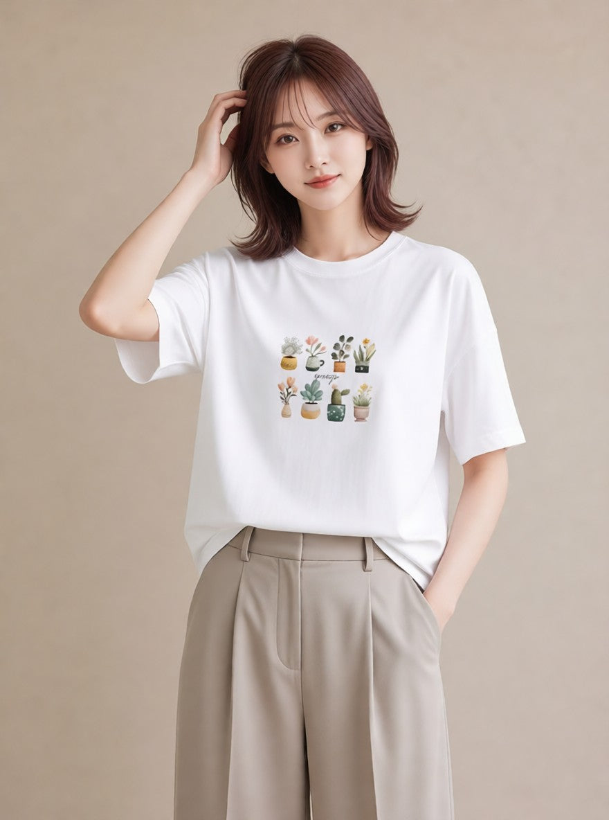 プリントTシャツ レディース 多肉植物 植物 ボタニカル イラスト 個性的 ルームウェア ギフト 白T YMAZO