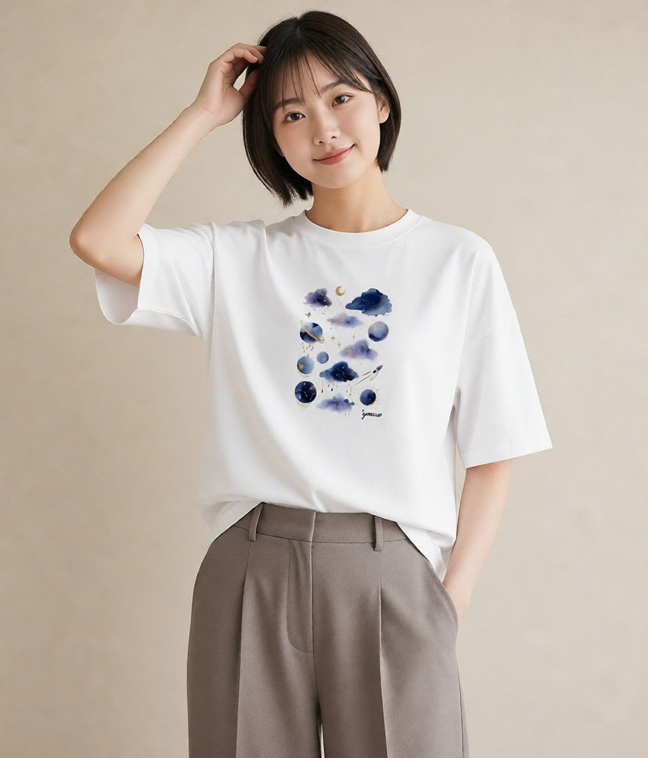 プリントTシャツ レディース 双子座 星空 宇宙 イラスト ボタニカル 敬老の日 ホワイトデー 白T YMAZO