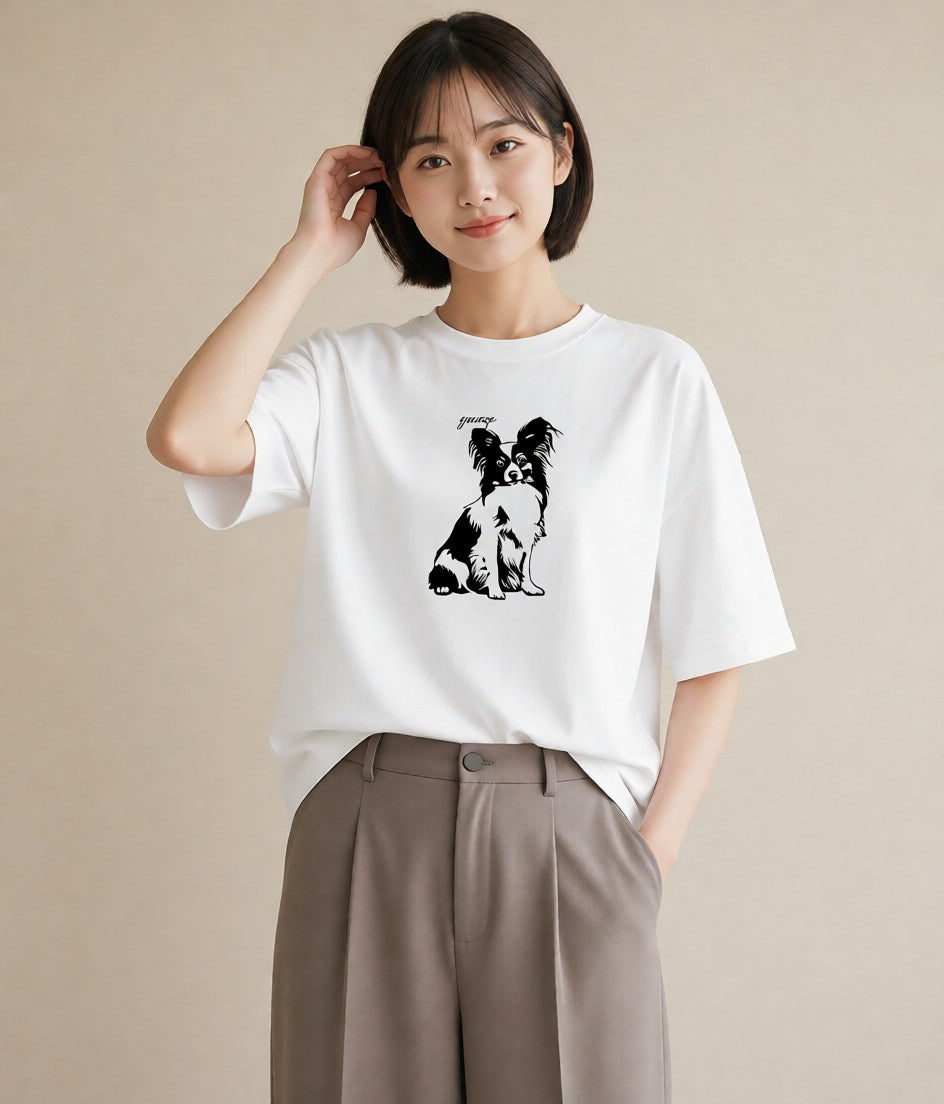 プリントTシャツ レディース パピヨン 犬 いぬ イラスト 線画 通学 誕生日プレゼント 白T YMAZO