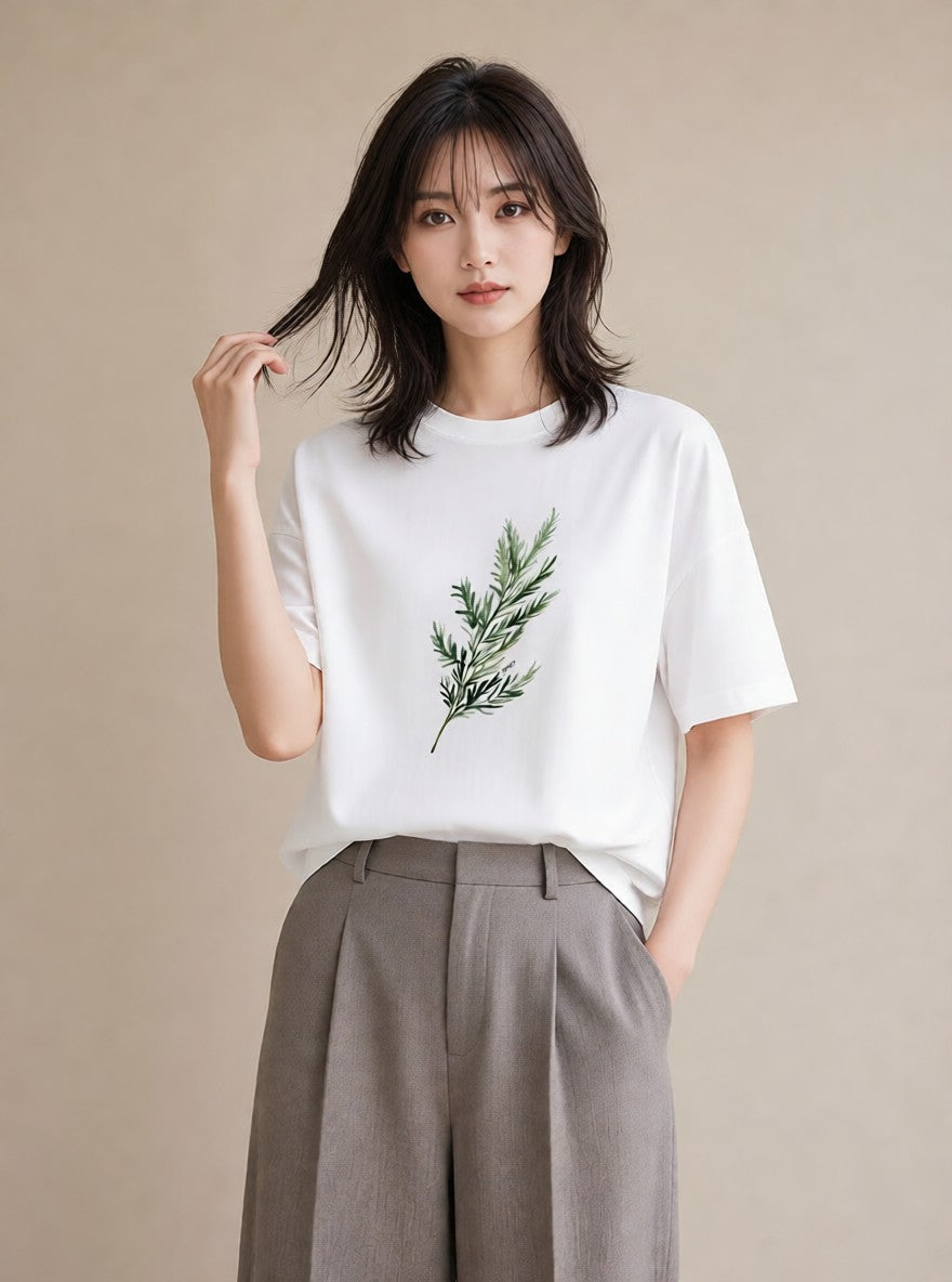 プリントTシャツ レディース 苔 植物 ボタニカル イラスト きれいめカジュアル 在宅 公園 白T YMAZO