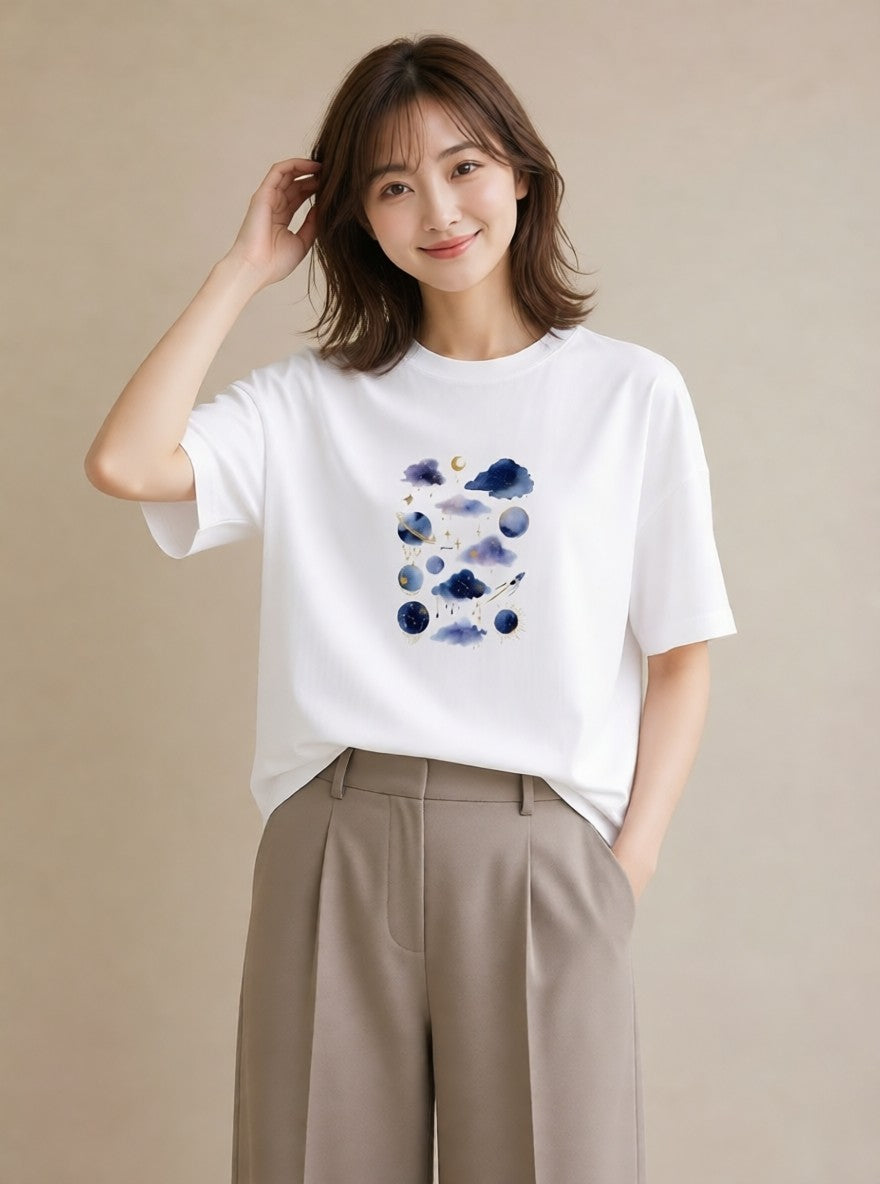 プリントTシャツ レディース 天秤座 星空 宇宙 イラスト こなれ感 通勤 在宅 白T YMAZO