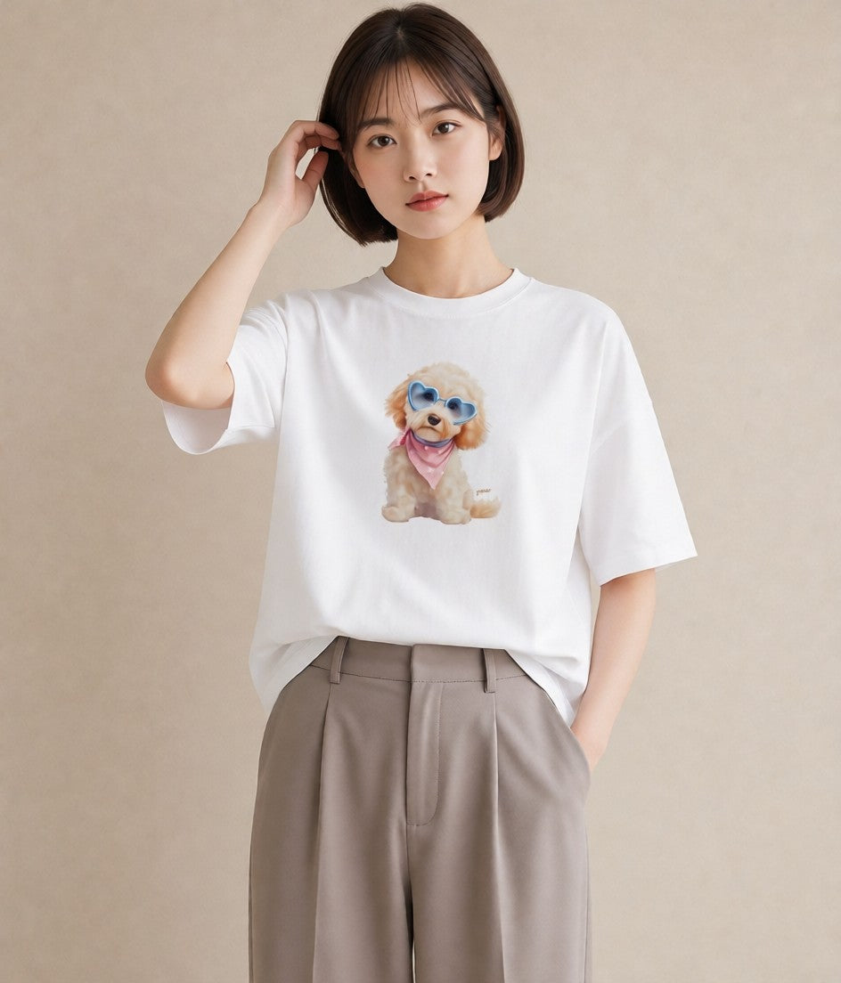 Tシャツ レディース トイプードル プードル 犬 いぬ イラスト 普段使い 休日 ペアコーデ 白T YMAZO