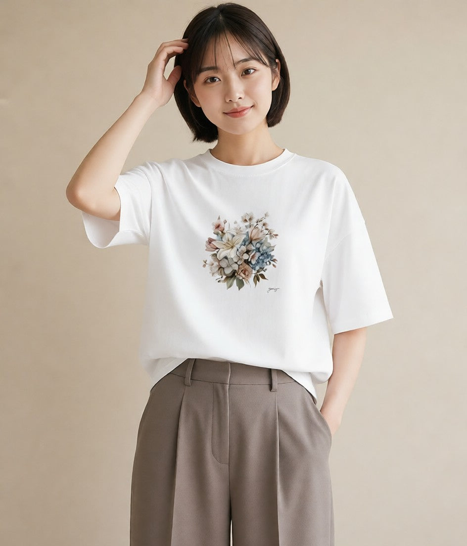 Tシャツ レディース ポスト 野の花 レトロ ナチュラル アンティーク イラスト モード 誕生日プレゼント 綿100 白T YMAZO