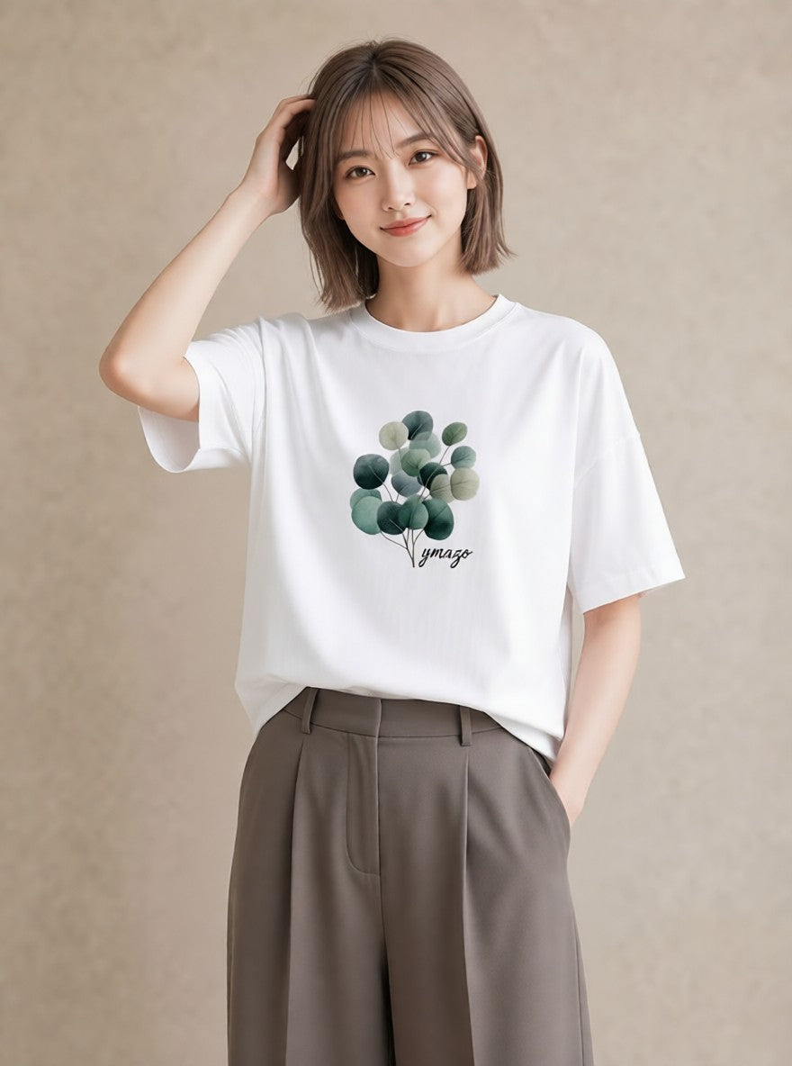 デザインTシャツ レディース 新緑 植物 ボタニカル イラスト 個性的 カジュアルコーデ 買い物 白T YMAZO