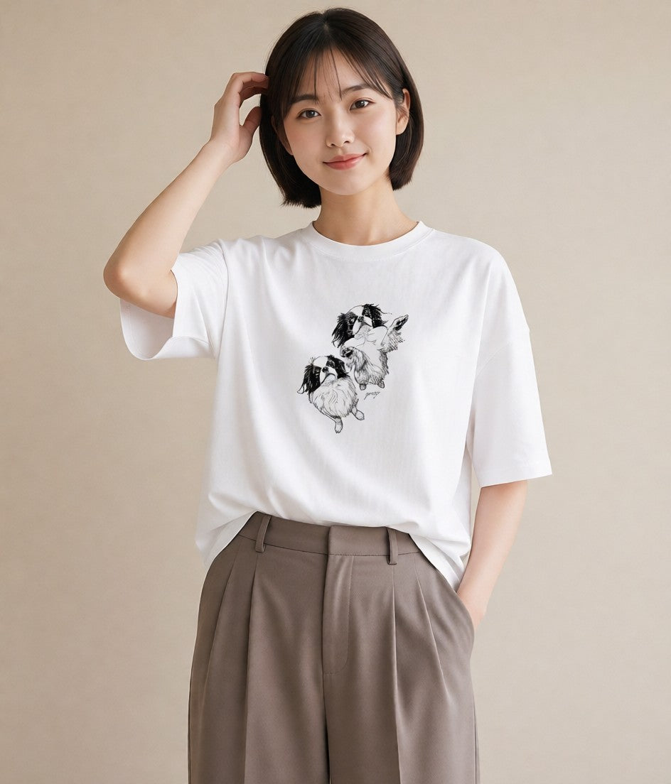 プリントTシャツ レディース 狆 犬 いぬ イラスト きれいめ 買い物 夏コーデ 白T YMAZO