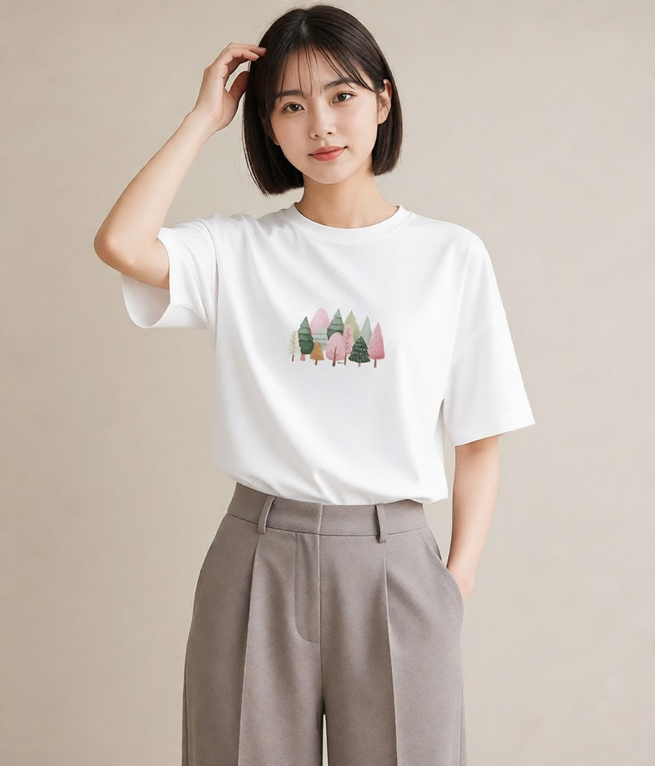 Tシャツ レディース 森 植物 ボタニカル イラスト ラフカジュアル 敬老の日 ホワイトデー 白T YMAZO