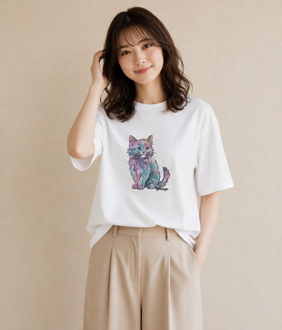Tシャツ レディース 猫 ねこ イラスト 北欧風 女性 旅行用 白T YMAZO