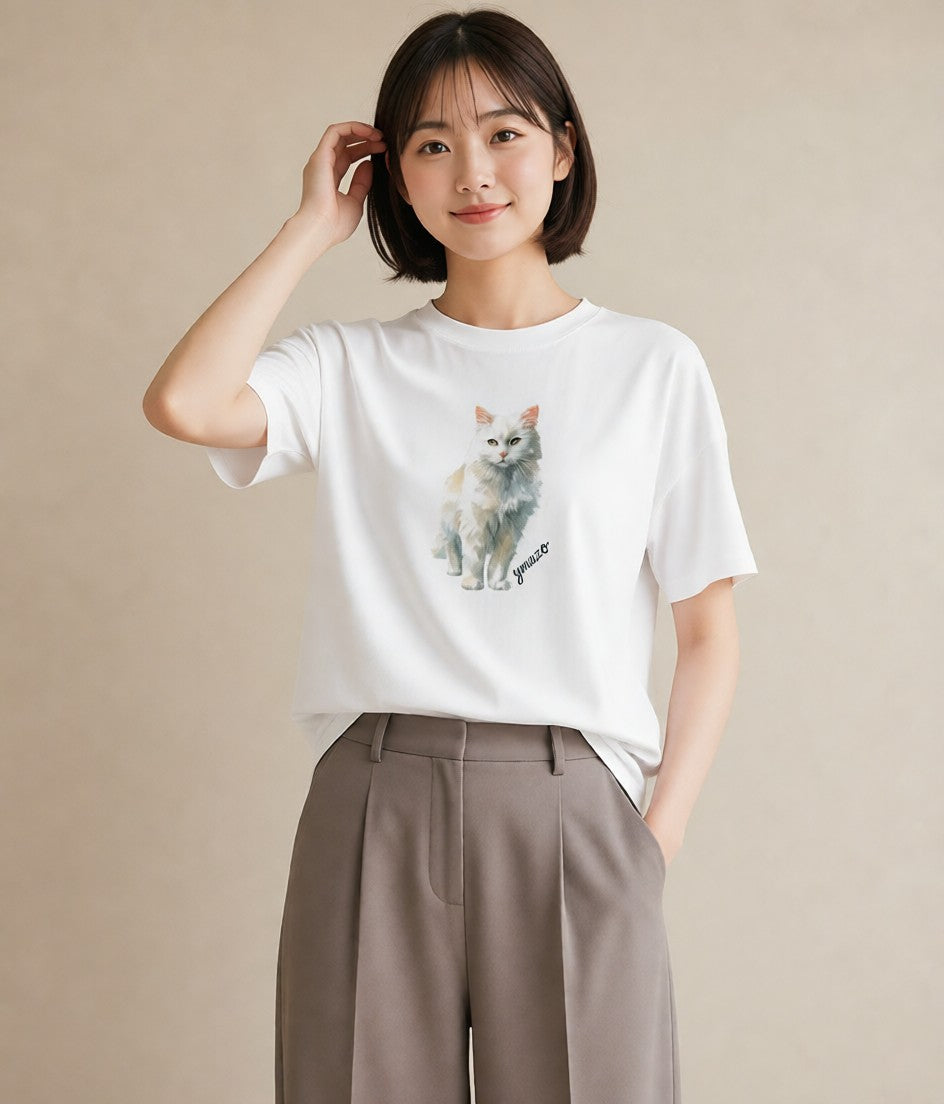 半袖Tシャツ レディース 猫好き 猫 ねこ イラスト ミニマル 女子会 お揃い 白T YMAZO