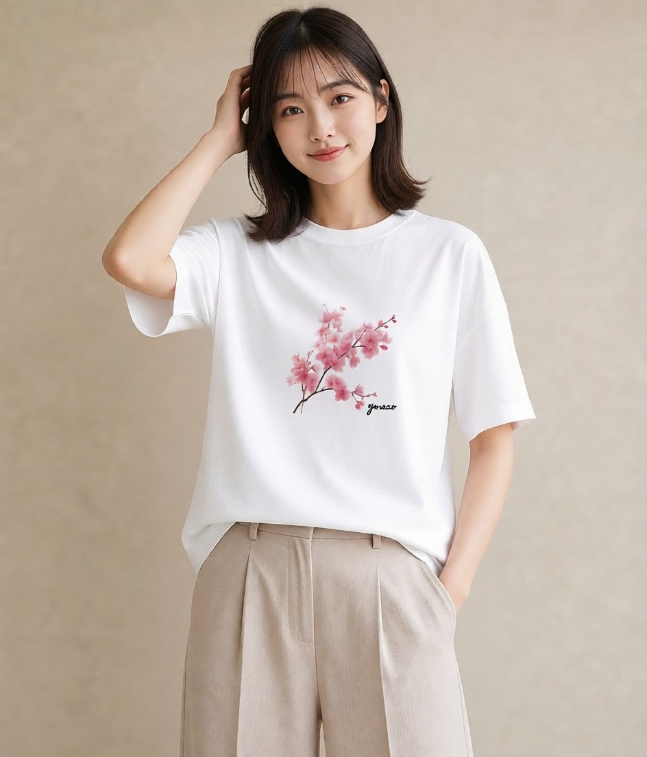 半袖Tシャツ レディース 梅 花 花柄 イラスト おしゃれギフト 社会人 白T YMAZO