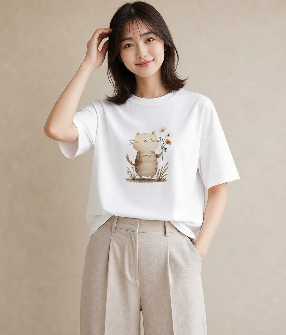 デザインTシャツ レディース ニャンコ 猫 ねこ イラスト シック お揃い 親子 白T YMAZO