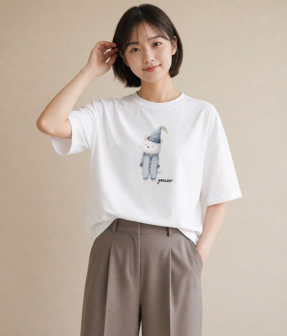 プリントTシャツ レディース ハチワレ 白黒猫 猫 ねこ イラスト ユニーク 女子会 お揃い 白T YMAZO