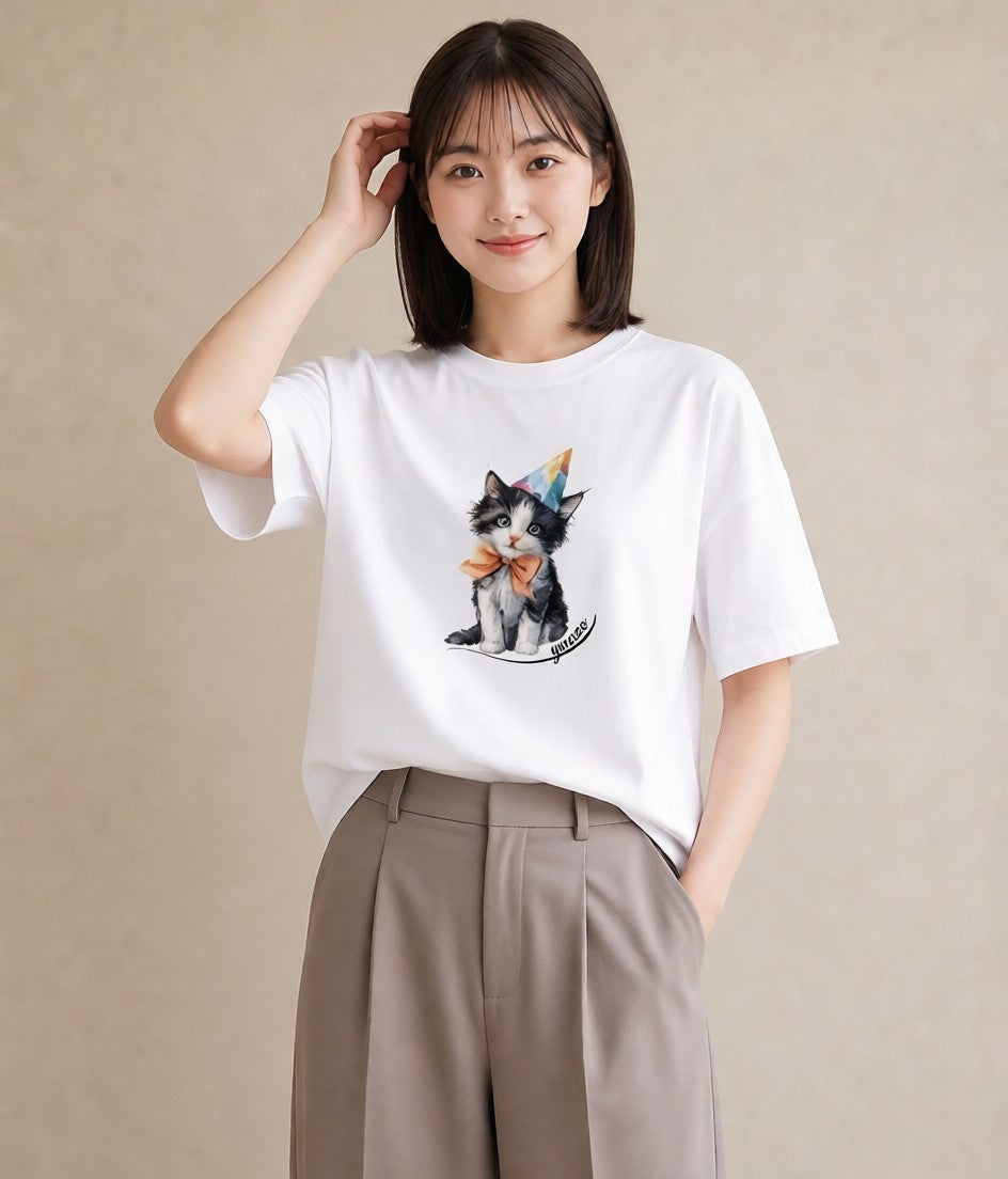 プリントTシャツ レディース ハチワレ 白黒猫 猫 ねこ イラスト 水彩風 カフェ巡り 女子会 白T YMAZO