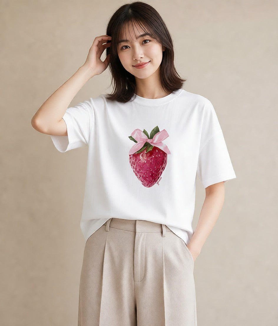グラフィックTシャツ レディース いちご 苺 ストロベリー 食べ物 フード イラスト ヴィンテージ風 在宅 公園 白T YMAZO