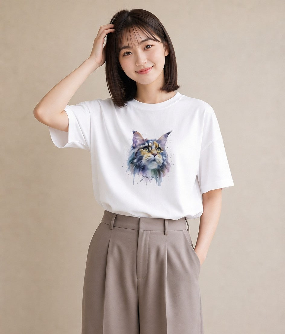 半袖Tシャツ レディース ペルシャ 猫 ねこ イラスト ガーリー 女性 旅行用 白T YMAZO