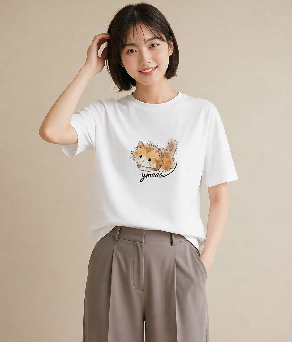 デザインTシャツ レディース マンチカン 猫 ねこ イラスト ポップ 誕生日プレゼント 綿100 白T YMAZO