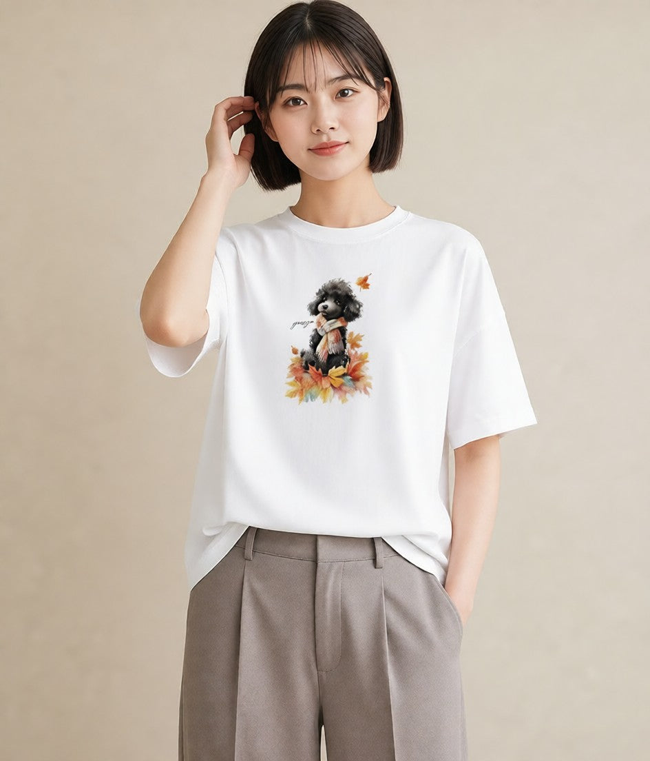 半袖Tシャツ レディース トイプードル プードル 犬 いぬ イラスト ボタニカル 旅行用 海 白T YMAZO