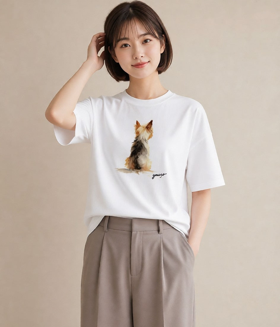 グラフィックTシャツ レディース ヨークシャーテリア 犬 いぬ イラスト 上品 通勤 在宅 白T YMAZO