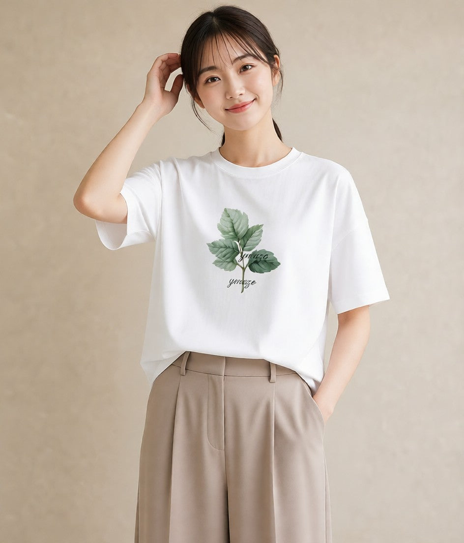 グラフィックTシャツ レディース 葉っぱ 植物 ボタニカル イラスト ミニマル 女性 旅行用 白T YMAZO