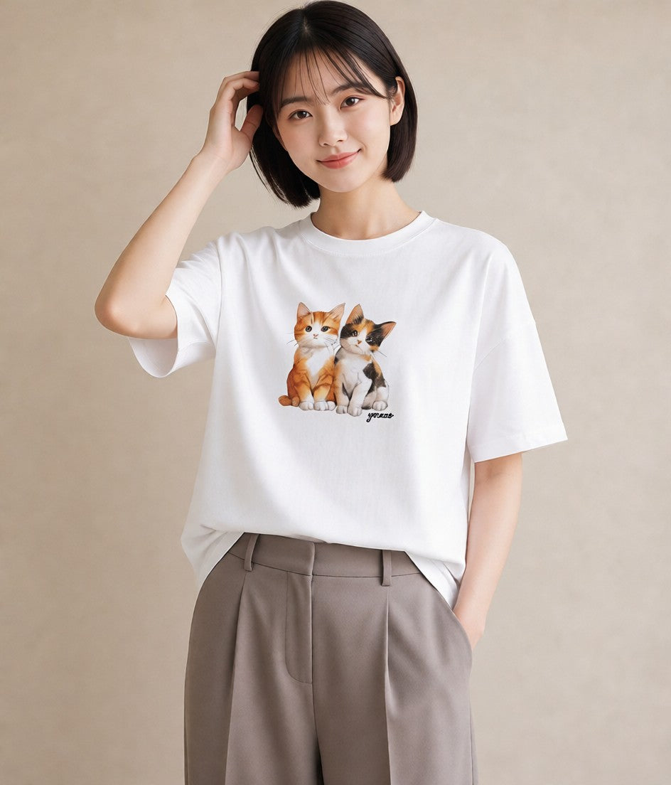 Tシャツ レディース ぶち猫 猫 ねこ イラスト ボタニカル 買い物 夏コーデ 白T YMAZO