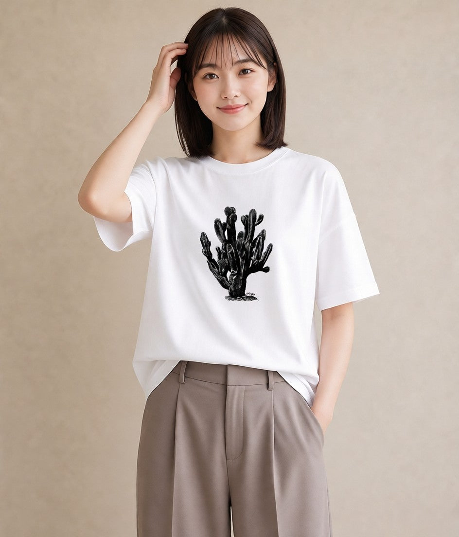 デザインTシャツ レディース サボテン 植物 ボタニカル イラスト 抜け感 綿100 デート 白T YMAZO