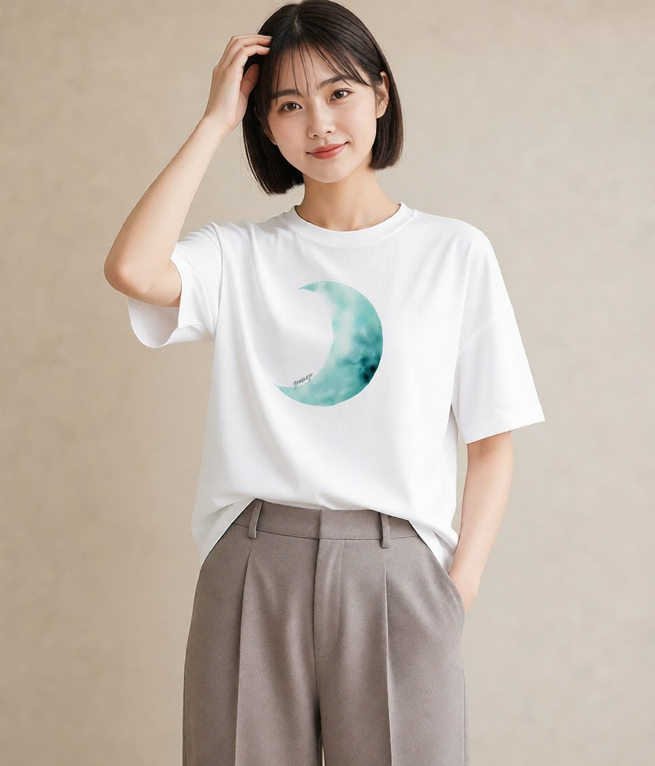 デザインTシャツ レディース 満月 星空 宇宙 イラスト ガーリー カフェ巡り 女子会 白T YMAZO