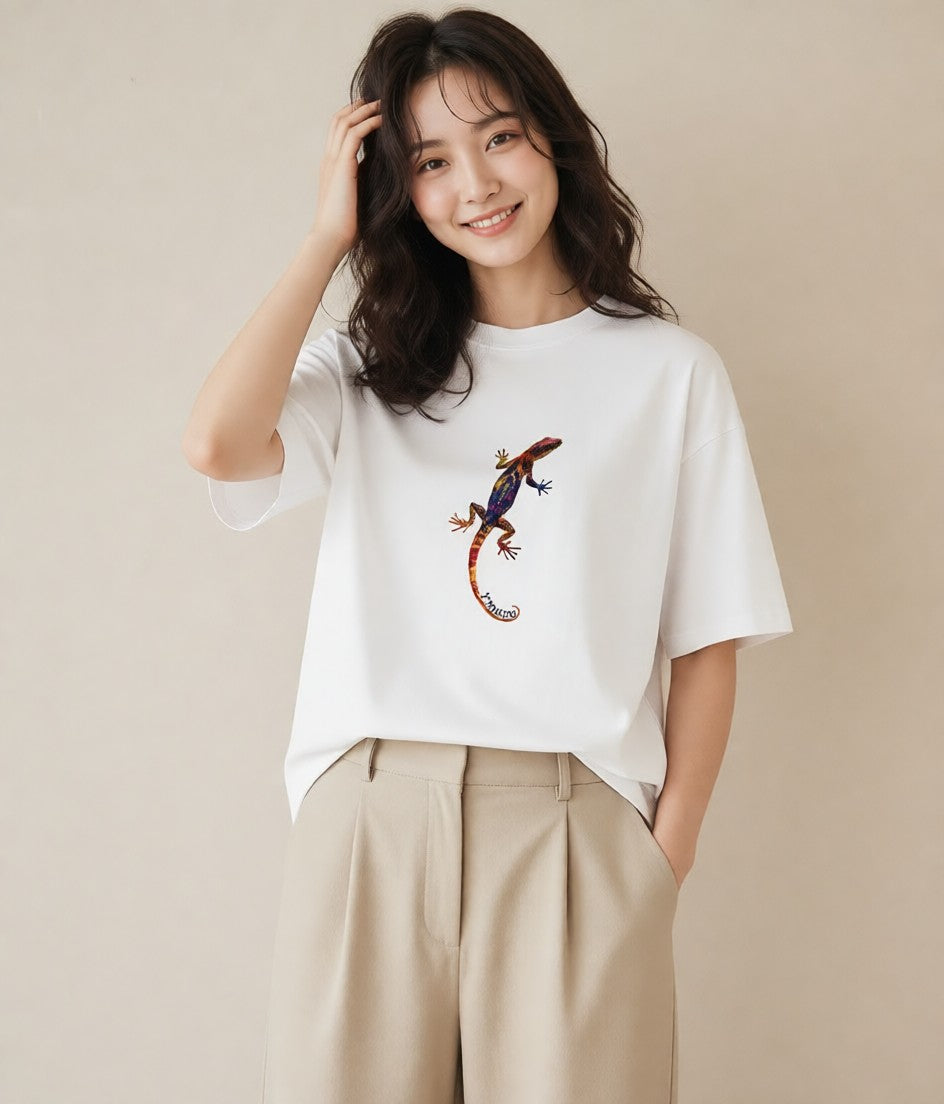 デザインTシャツ レディース レオパ ペット 動物 イラスト 上品 女性 旅行用 白T YMAZO